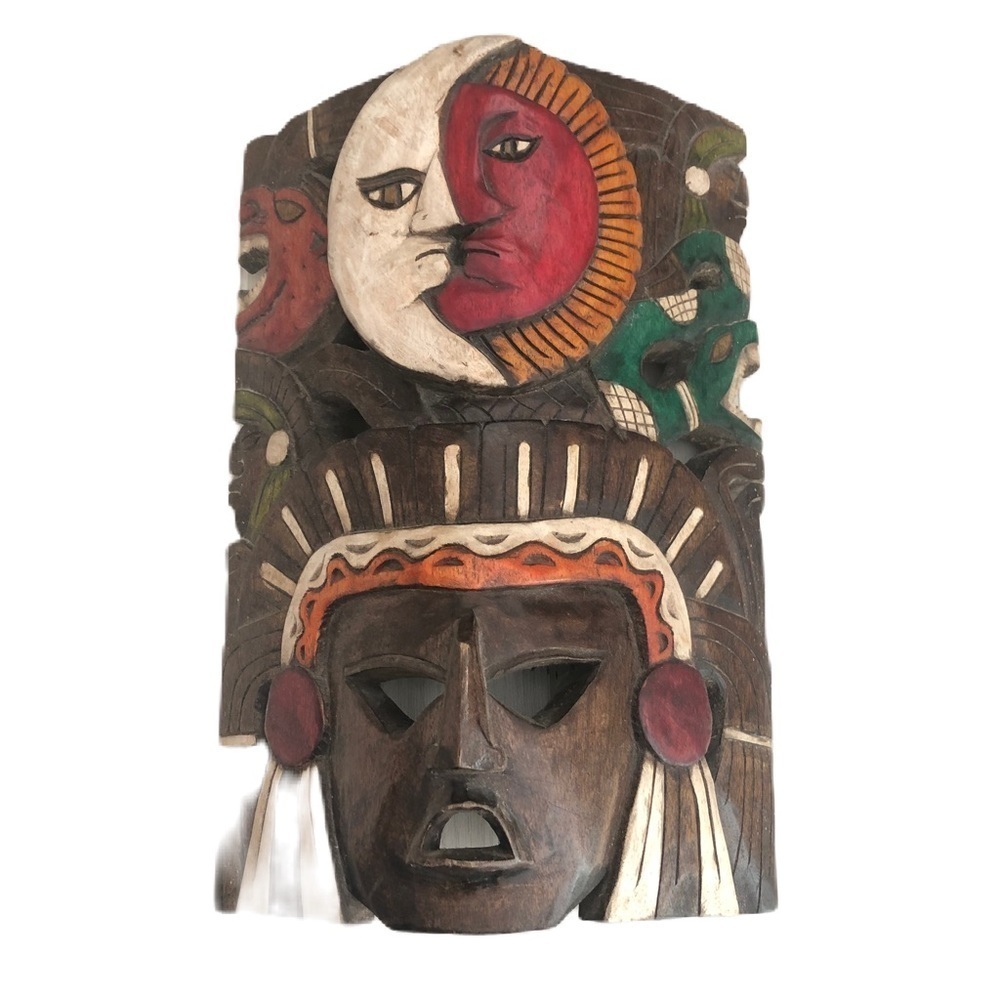 Vintage Carved Wood Tiki Mayan Head Wall Hanging Art Painted Sun Moon Jaguar